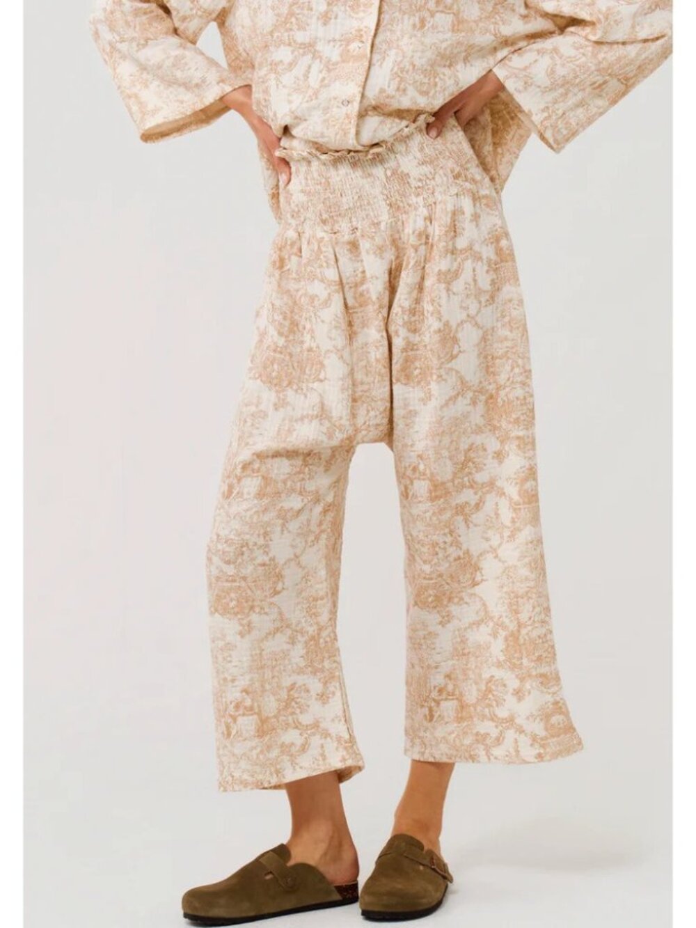 Nothing Fits But Muslin Gauze Pant Pink Toile Smocked Waist Drop Crotch Size S/M